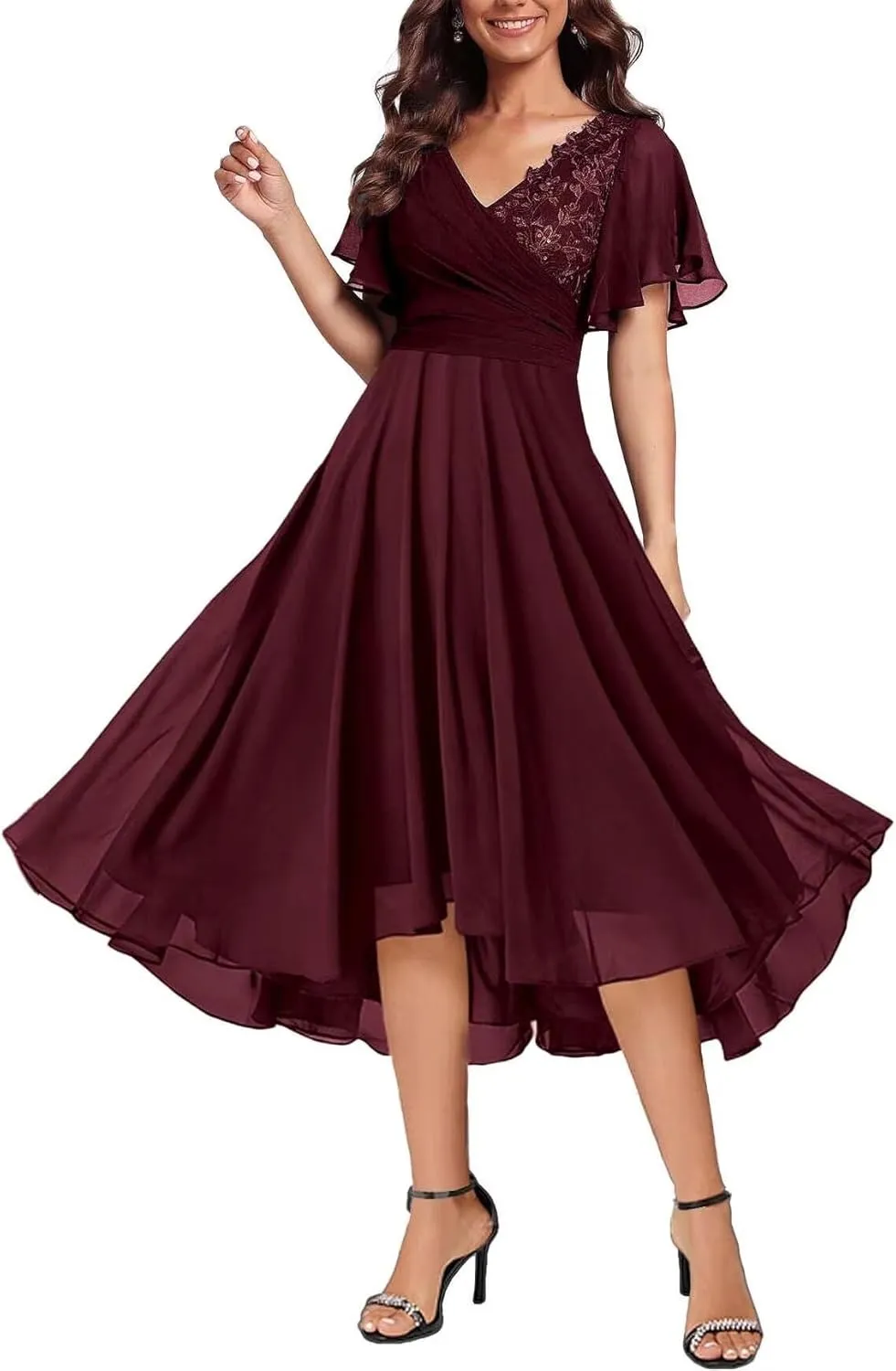 Short Sleeve Mother of The Bride Dresses Tea Length Chiffon V Neck Wedding Guest Formal Gowns for Women