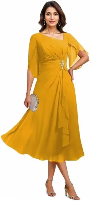 Short Sleeves Ruched Mother of The Bride Dresses A Line Beaded Midi Length Formal Evening Party Gown
