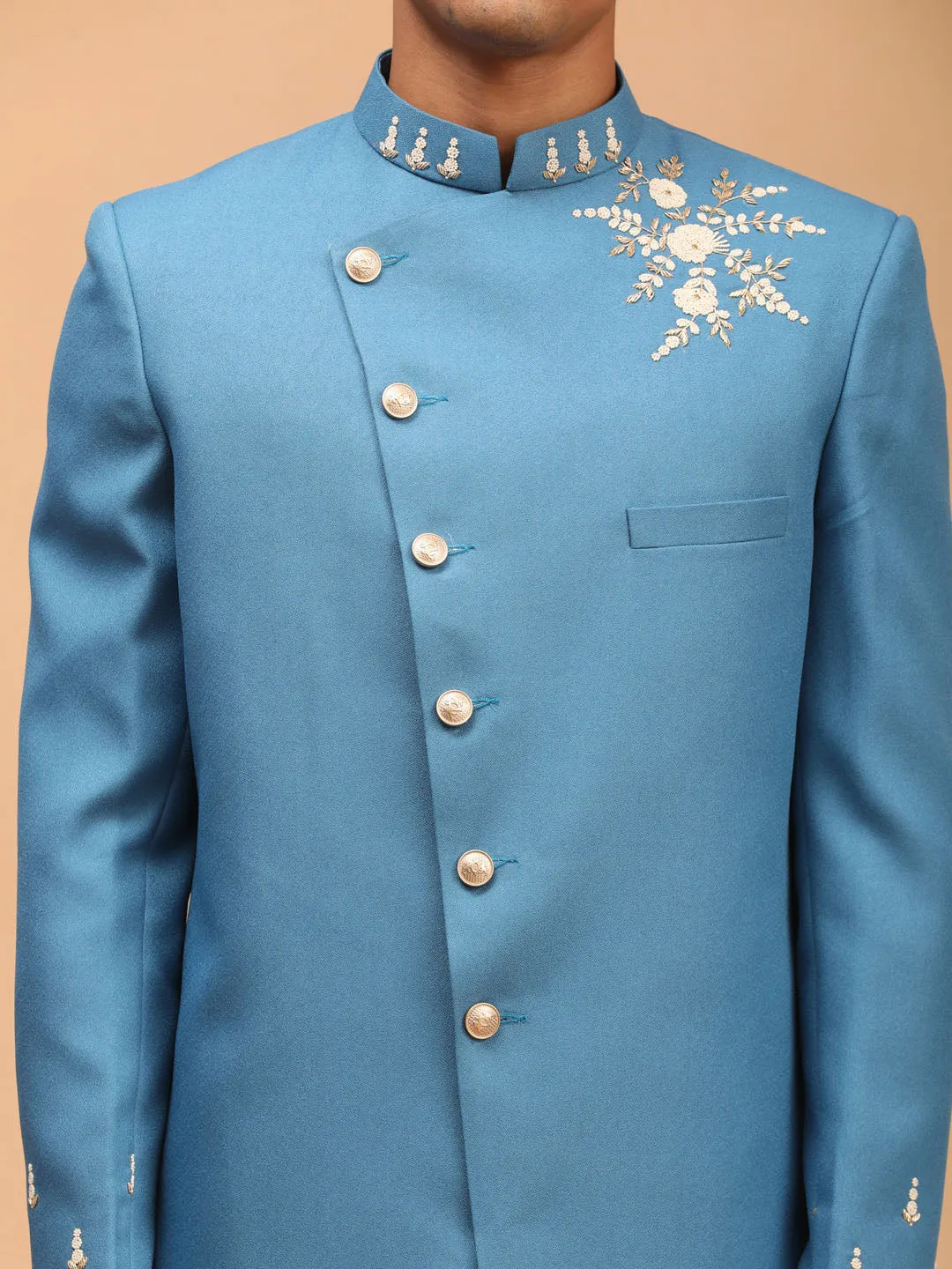 SHRESTHA By VASTRAMAY Men's Turquoise Blue Pearl Embroidered Indo With Dhoti Set