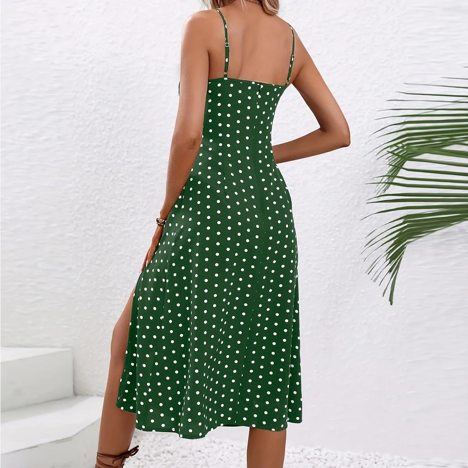 Spaghetti Strap Sundresses for Women 2025 Summer Side Slit Polka Dot Midi Dress Sexy Comfy Bodycon A Line Beach Dress