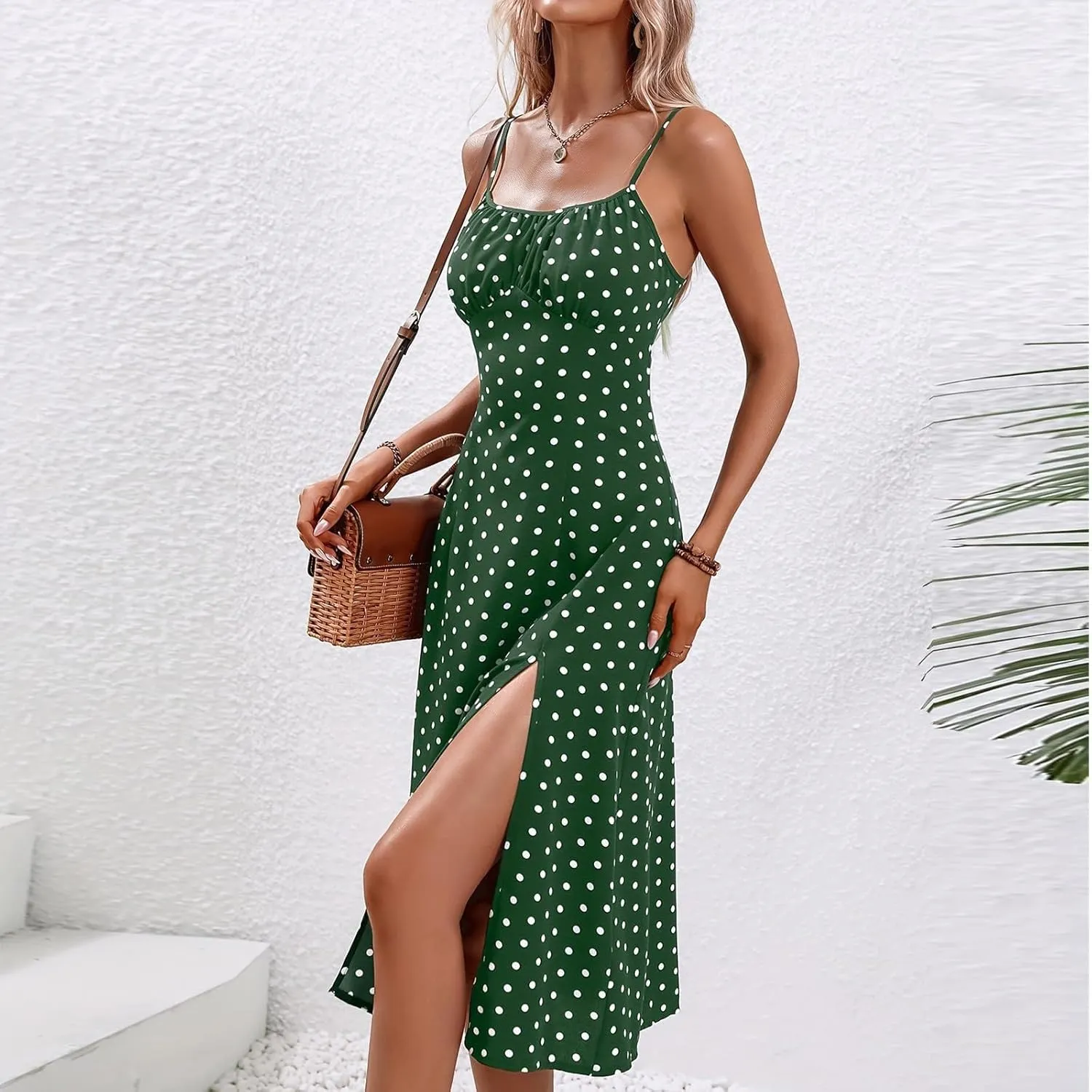 Spaghetti Strap Sundresses for Women 2025 Summer Side Slit Polka Dot Midi Dress Sexy Comfy Bodycon A Line Beach Dress