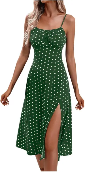 Spaghetti Strap Sundresses for Women 2025 Summer Side Slit Polka Dot Midi Dress Sexy Comfy Bodycon A Line Beach Dress