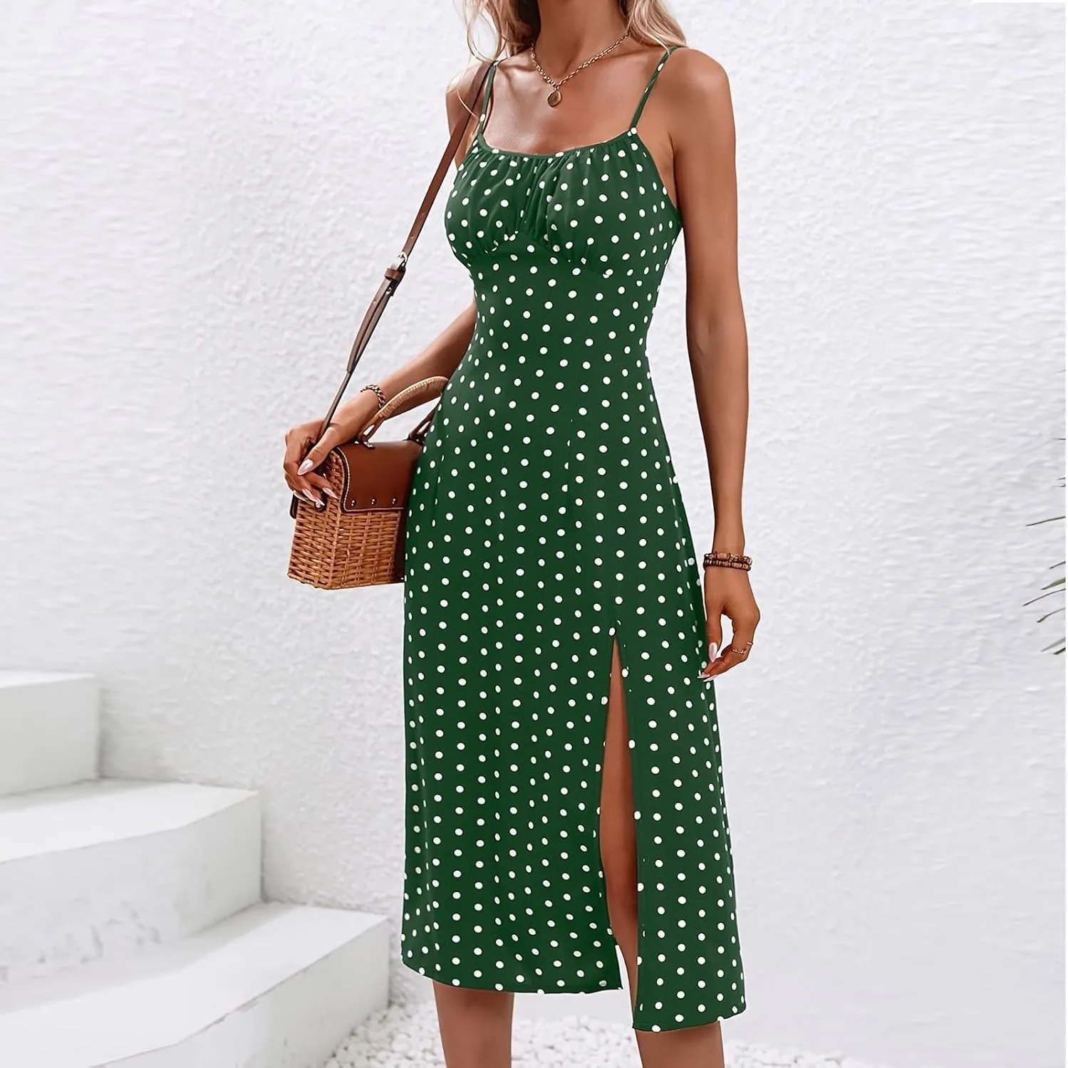 Spaghetti Strap Sundresses for Women 2025 Summer Side Slit Polka Dot Midi Dress Sexy Comfy Bodycon A Line Beach Dress