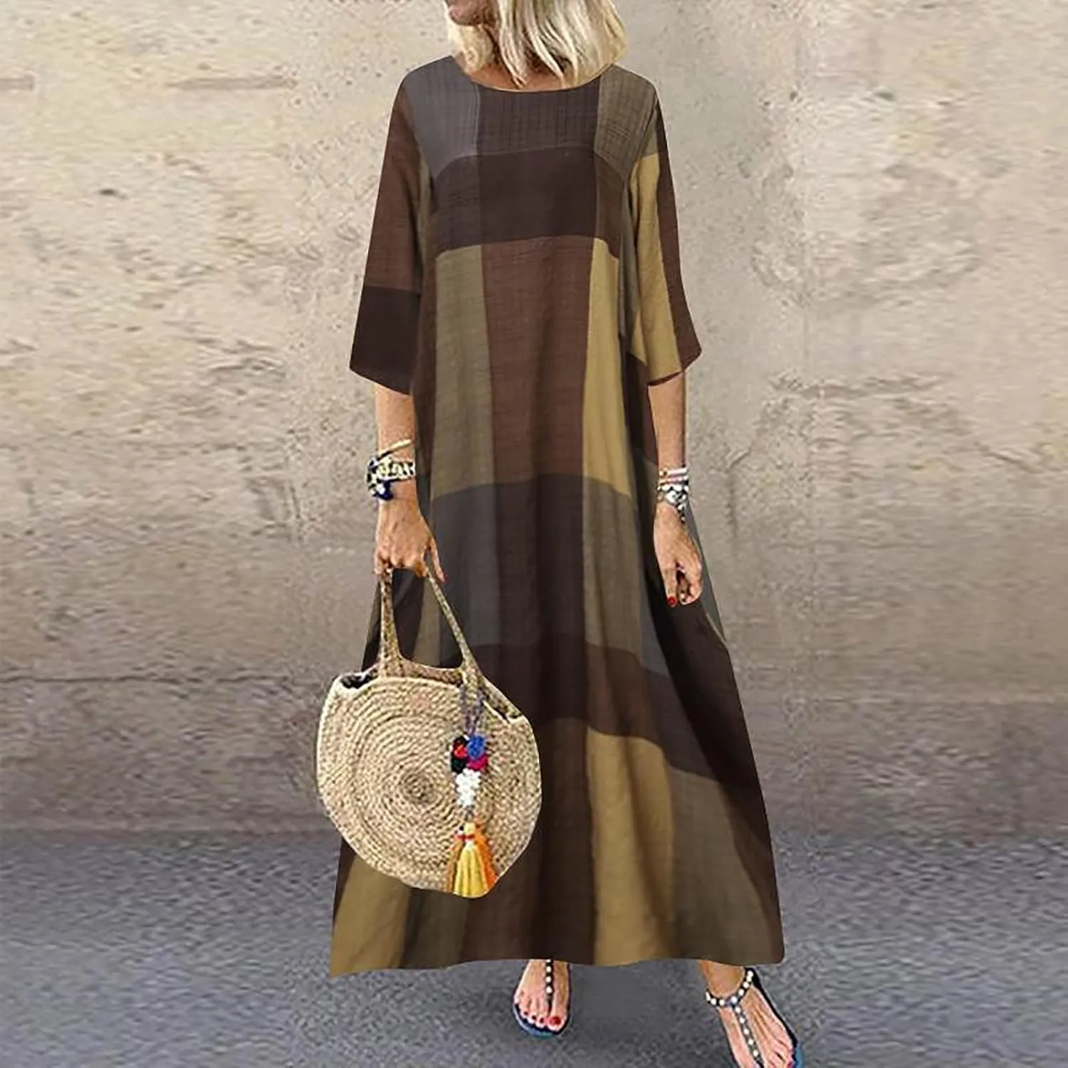 Spring Dresses for Women 2024 Casual 3/4 Sleeve Plus Size Maxi Dress A Line Shirt Flowy Swing Beach Vacation Long Sundress