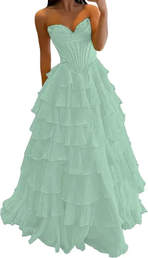 Strapless Corset Prom Dresses for Women 2025 Long Tiered Ruffle Chiffon Formal Party Evening Gown Tulle Dress with Slit