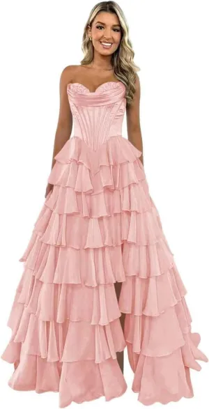 Strapless Prom Dresses for Women Corset Long Formal Dress with Slit Chiffon Tiered Evening Gown