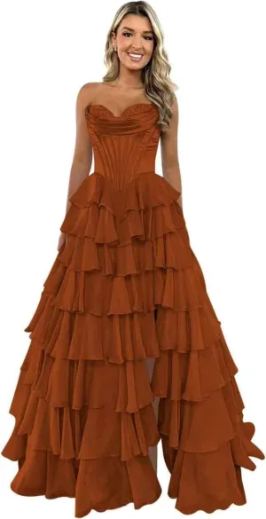 Strapless Prom Dresses for Women Corset Long Formal Dress with Slit Chiffon Tiered Evening Gown