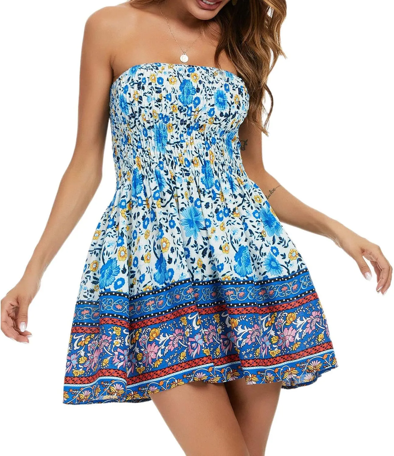 Summer Dress for Women Beach Boho Strapless Cover Ups Off Shoulder Floral Sundresses Off The Shoulder Dresses for Women