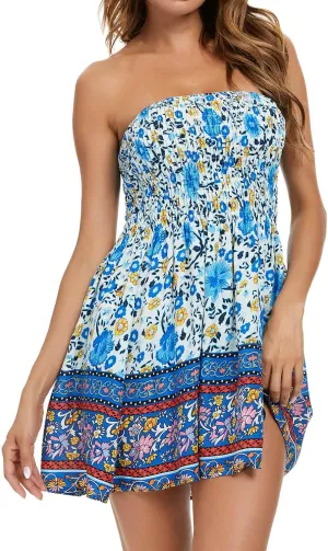 Summer Dress for Women Beach Boho Strapless Cover Ups Off Shoulder Floral Sundresses Off The Shoulder Dresses for Women