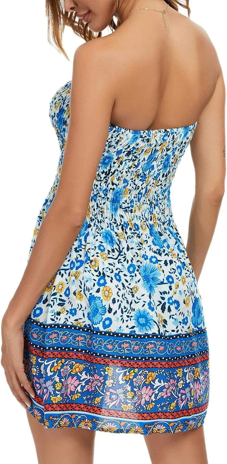 Summer Dress for Women Beach Boho Strapless Cover Ups Off Shoulder Floral Sundresses Off The Shoulder Dresses for Women