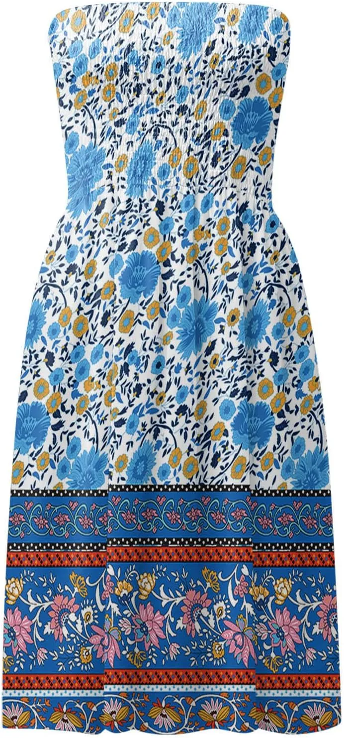Summer Dress for Women Beach Boho Strapless Cover Ups Off Shoulder Floral Sundresses Off The Shoulder Dresses for Women