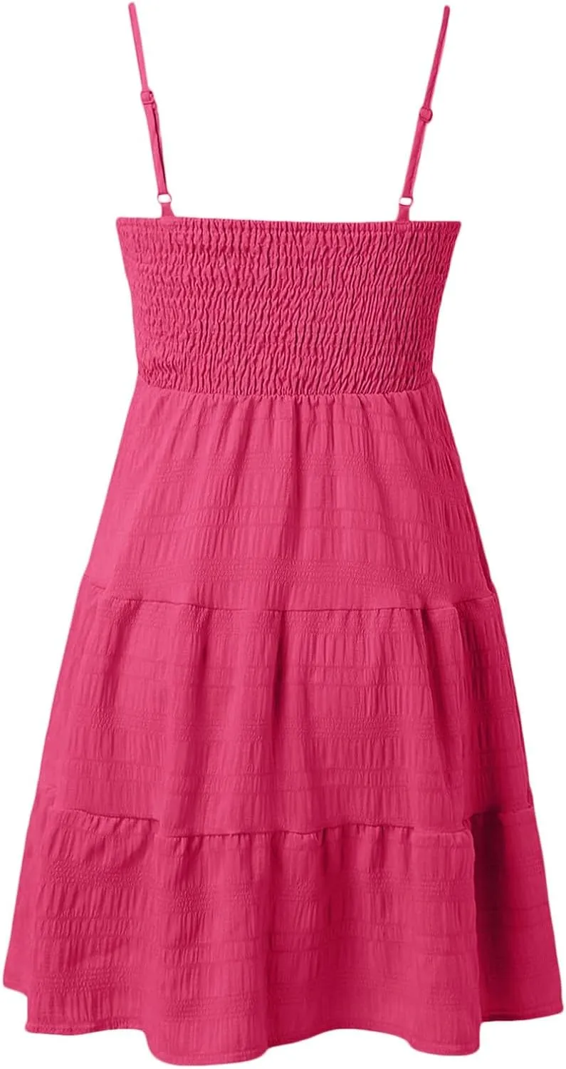 Summer Dresses for Women 2024 Spaghetti Strap Waist Ruffle Mini Dress Sleeveless Smocked Sundress A Line Tiered Dress