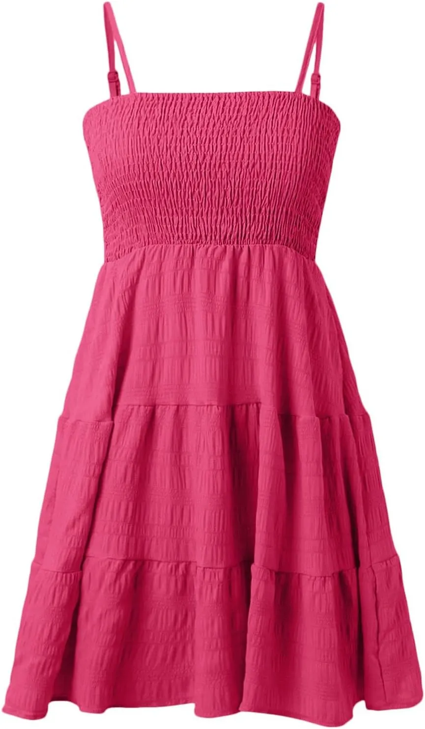 Summer Dresses for Women 2024 Spaghetti Strap Waist Ruffle Mini Dress Sleeveless Smocked Sundress A Line Tiered Dress