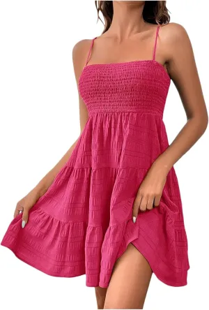 Summer Dresses for Women 2024 Spaghetti Strap Waist Ruffle Mini Dress Sleeveless Smocked Sundress A Line Tiered Dress