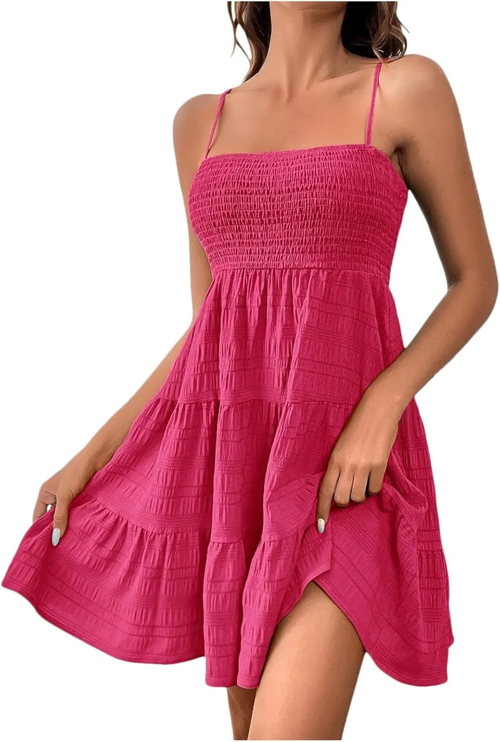 Summer Dresses for Women 2024 Spaghetti Strap Waist Ruffle Mini Dress Sleeveless Smocked Sundress A Line Tiered Dress
