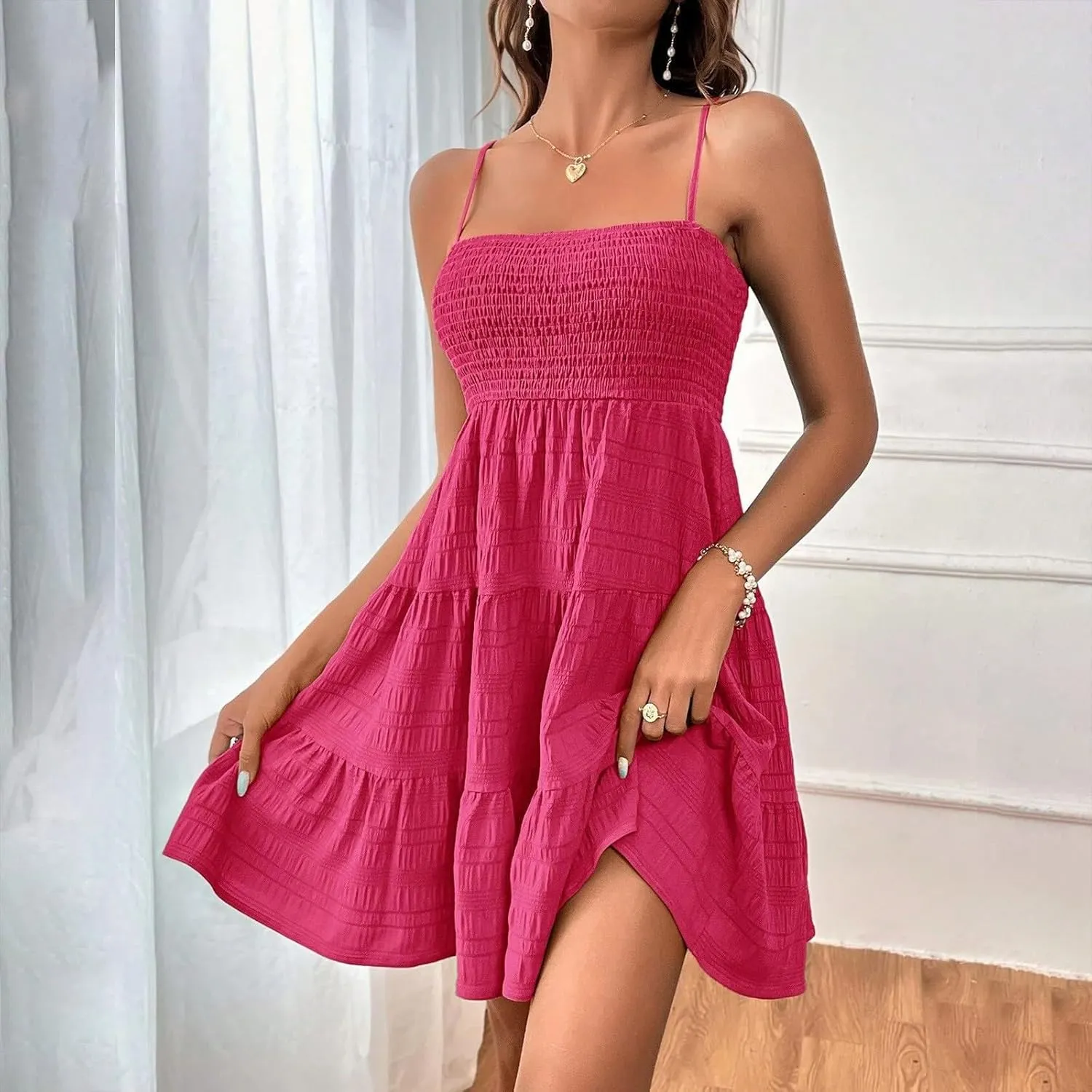 Summer Dresses for Women 2024 Spaghetti Strap Waist Ruffle Mini Dress Sleeveless Smocked Sundress A Line Tiered Dress