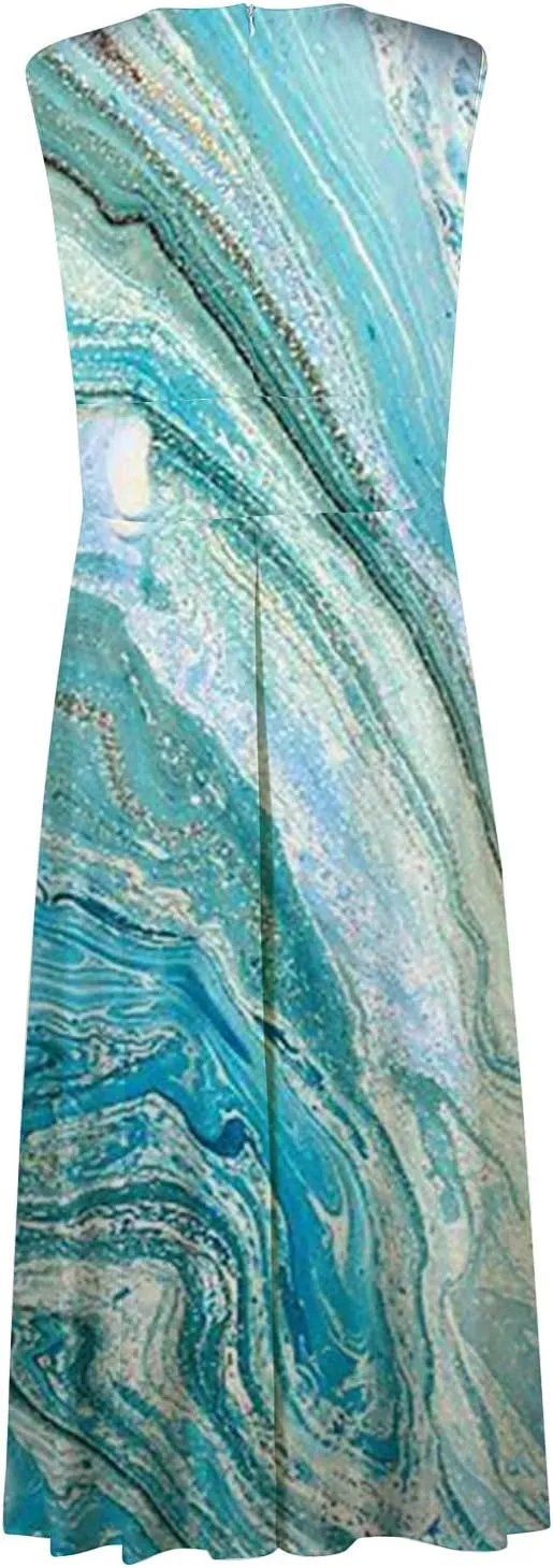 Summer Dresses for Women 2024 Vintage Boho Floral Long Maxi Dress Wrap V Neck Sleeveless Flowy Swing Beach Vacation Sundress
