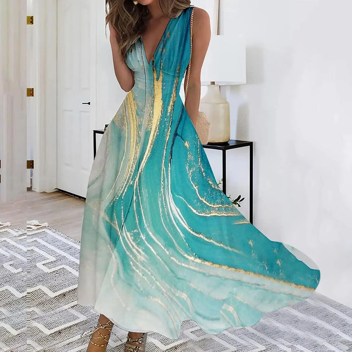 Summer Dresses for Women 2024 Vintage Boho Floral Long Maxi Dress Wrap V Neck Sleeveless Flowy Swing Beach Vacation Sundress