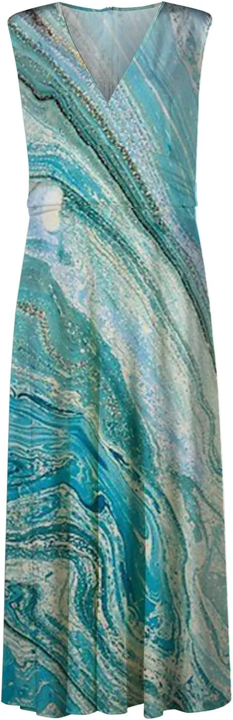 Summer Dresses for Women 2024 Vintage Boho Floral Long Maxi Dress Wrap V Neck Sleeveless Flowy Swing Beach Vacation Sundress