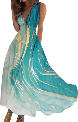 Summer Dresses for Women 2024 Vintage Boho Floral Long Maxi Dress Wrap V Neck Sleeveless Flowy Swing Beach Vacation Sundress