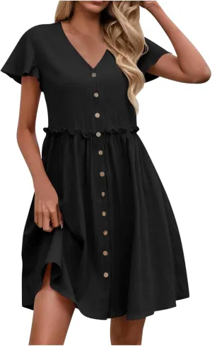 Summer Dresses for Women 2025 Casual Short Sleeve Beach Dress Fashion Loose Fit Crew Neck Solid Color Sundress