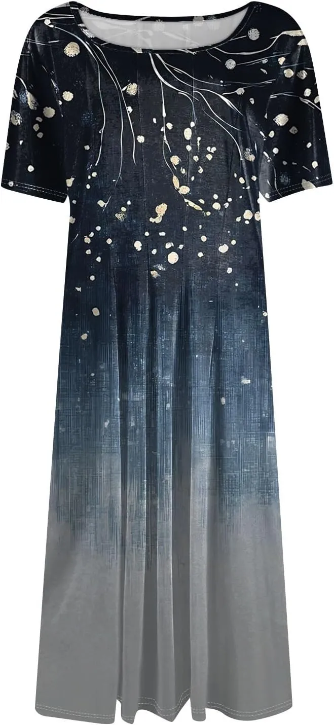 Summer Dresses for Women 2025 Midi Short Sleeve Round Neck Floral Elegant Pleated with Side Pocket A Line Sundresses