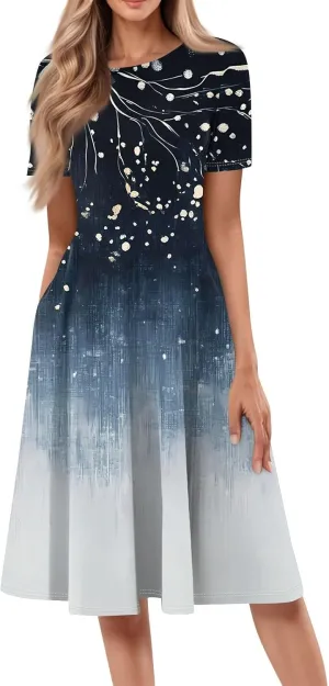 Summer Dresses for Women 2025 Midi Short Sleeve Round Neck Floral Elegant Pleated with Side Pocket A Line Sundresses