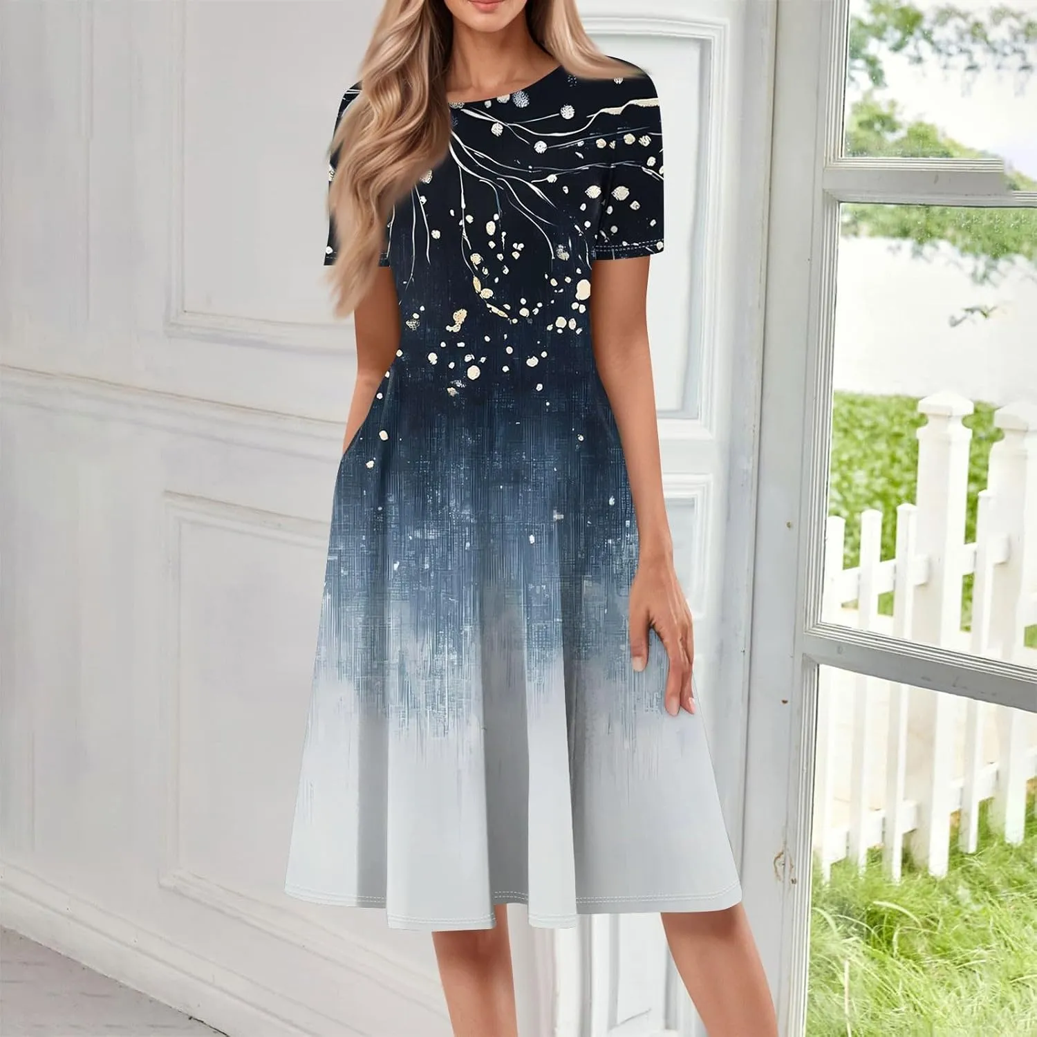 Summer Dresses for Women 2025 Midi Short Sleeve Round Neck Floral Elegant Pleated with Side Pocket A Line Sundresses