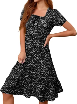 Summer Dresses for Women 2025 Square Neck Tiered Casual Floral Short Sleeve A-Line Flowy Dress Beach Boho Sundress
