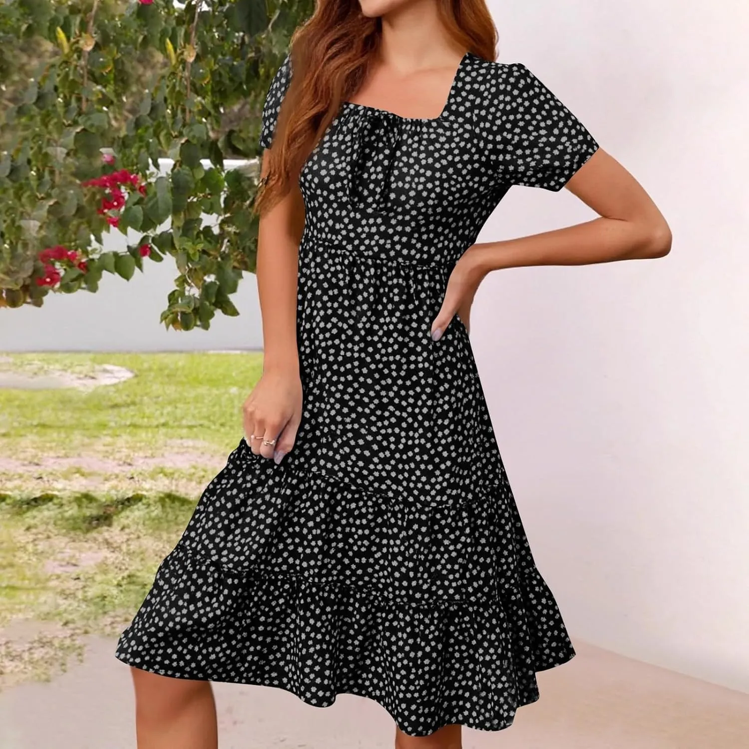 Summer Dresses for Women 2025 Square Neck Tiered Casual Floral Short Sleeve A-Line Flowy Dress Beach Boho Sundress