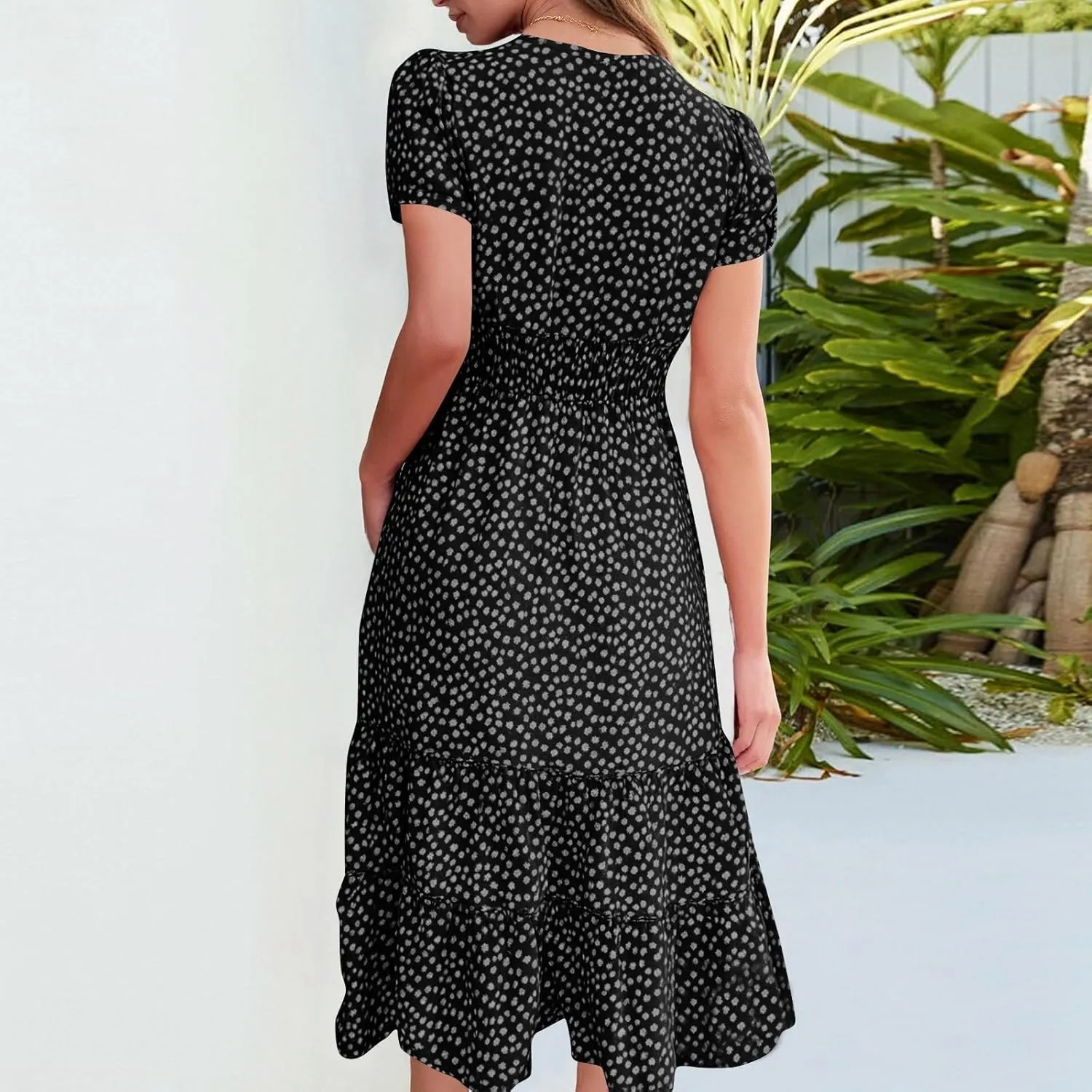 Summer Dresses for Women 2025 Square Neck Tiered Casual Floral Short Sleeve A-Line Flowy Dress Beach Boho Sundress