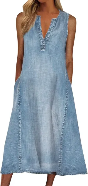 Summer Jean Dresses for Women Denim Short Sleeve Loose Blue Jean Maxi Dress Hand Pocket Button Down Casual Shift Dress