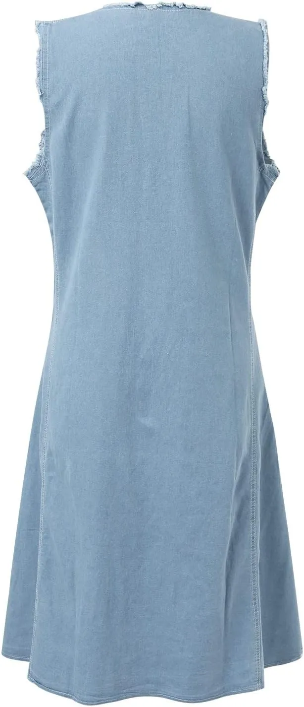 Summer Jean Dresses for Women Denim Short Sleeve Loose Blue Jean Maxi Dress Hand Pocket Button Down Casual Shift Dress