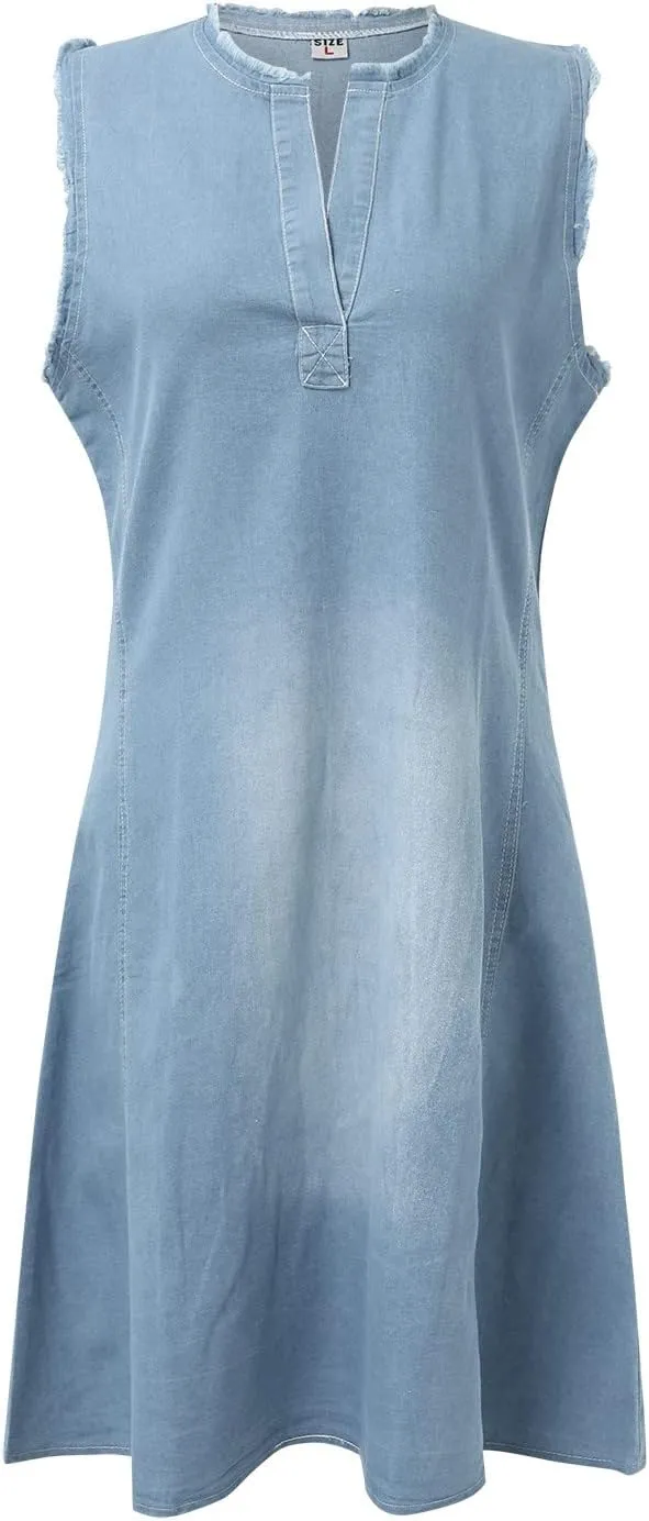 Summer Jean Dresses for Women Denim Short Sleeve Loose Blue Jean Maxi Dress Hand Pocket Button Down Casual Shift Dress