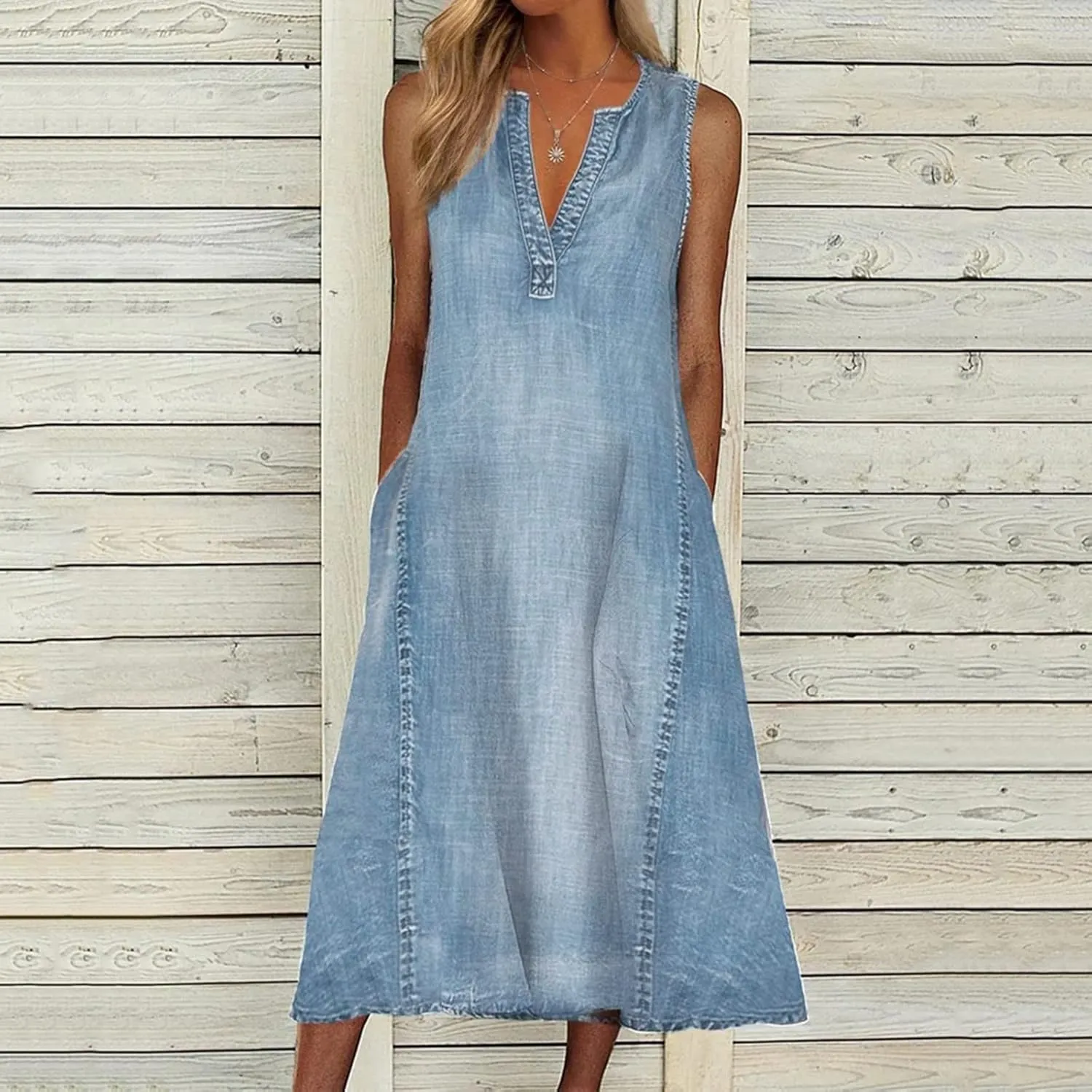 Summer Jean Dresses for Women Denim Short Sleeve Loose Blue Jean Maxi Dress Hand Pocket Button Down Casual Shift Dress