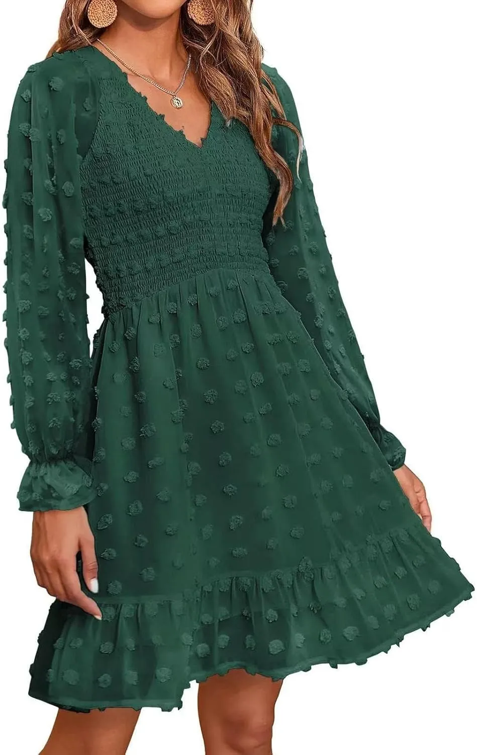 Sun Dresses for Women 2025 Vacation Long Sleeve Sexy V Neck Swiss Dots Mini Dress High Waisted A Line Ruffle Dress