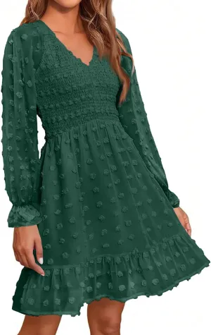 Sun Dresses for Women 2025 Vacation Long Sleeve Sexy V Neck Swiss Dots Mini Dress High Waisted A Line Ruffle Dress