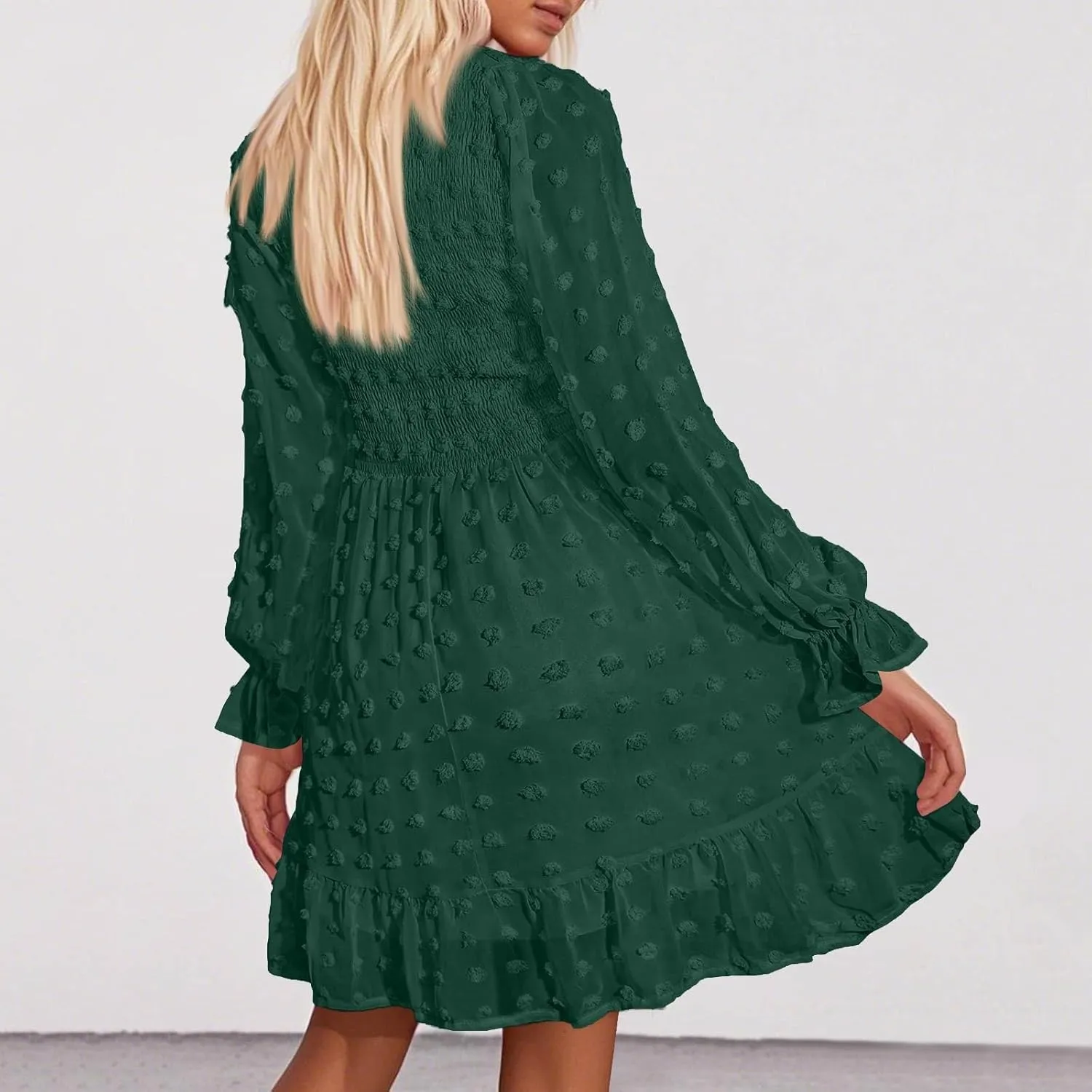 Sun Dresses for Women 2025 Vacation Long Sleeve Sexy V Neck Swiss Dots Mini Dress High Waisted A Line Ruffle Dress