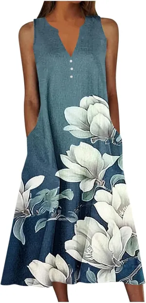 Sun Dresses for Women 2025 Vacation Plus Size Casual Sleeveless Cotton Linen Boho Flowers Print Flowy Dress