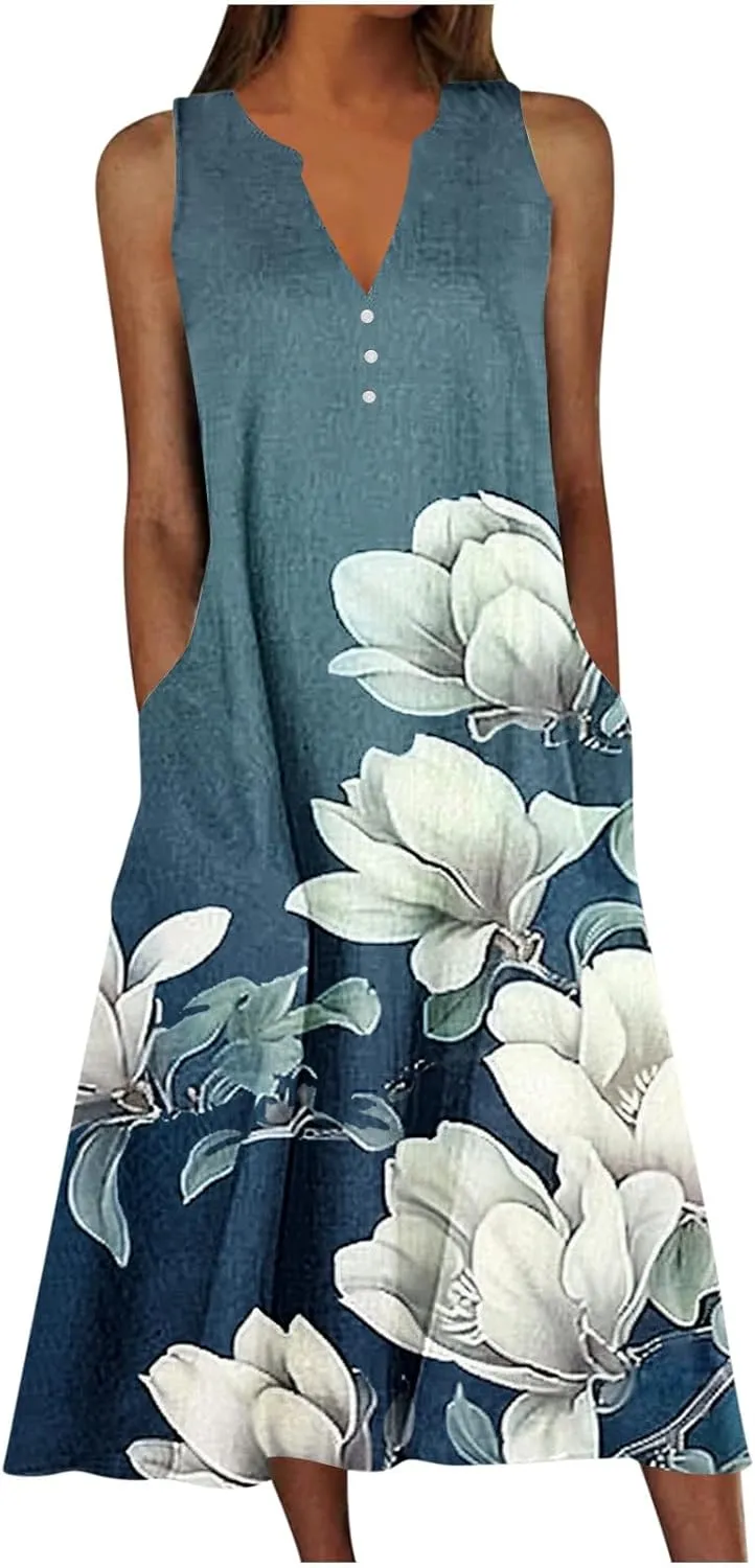 Sun Dresses for Women 2025 Vacation Plus Size Casual Sleeveless Cotton Linen Boho Flowers Print Flowy Dress