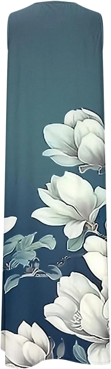 Sun Dresses for Women 2025 Vacation Plus Size Casual Sleeveless Cotton Linen Boho Flowers Print Flowy Dress