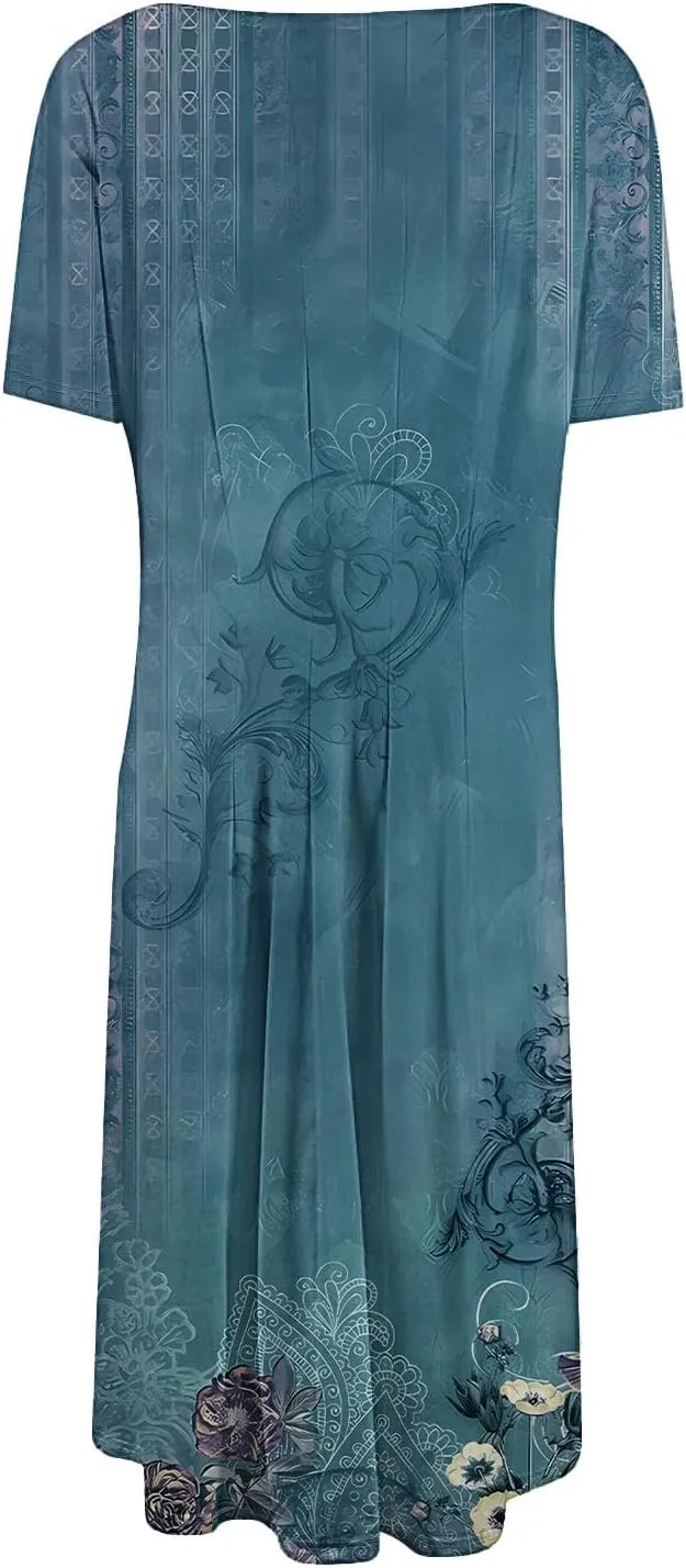 Sundress with Short Sleeves for Women Floral Knee Length Dress for Women Summer Casual Dresses for Womens 2025