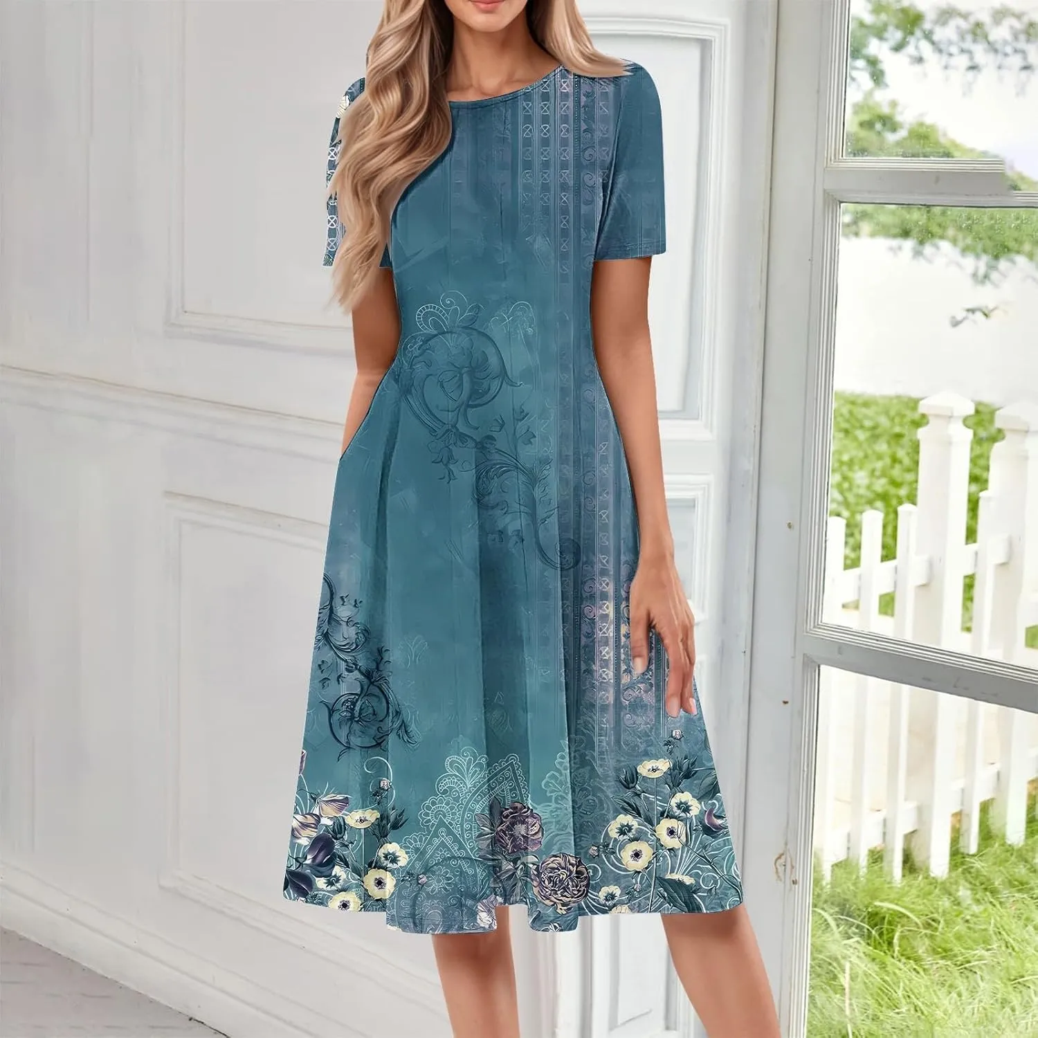 Sundress with Short Sleeves for Women Floral Knee Length Dress for Women Summer Casual Dresses for Womens 2025