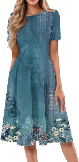 Sundress with Short Sleeves for Women Floral Knee Length Dress for Women Summer Casual Dresses for Womens 2025