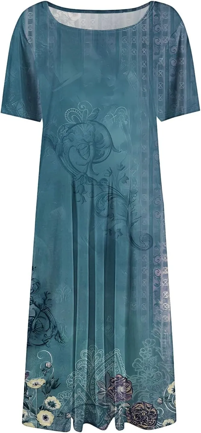Sundress with Short Sleeves for Women Floral Knee Length Dress for Women Summer Casual Dresses for Womens 2025