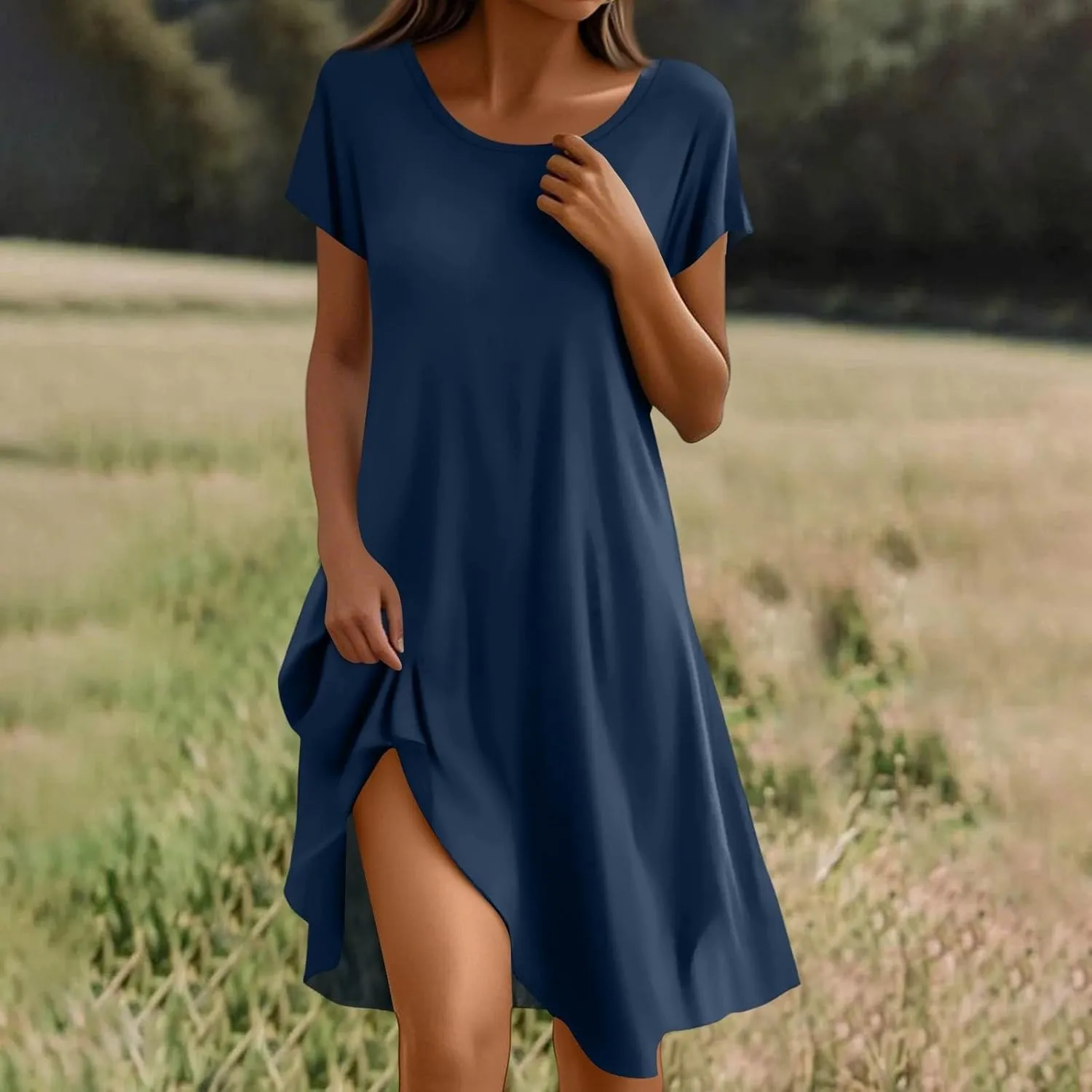Sundresses for Women 2025 Casual Beach Vacation Summer Dresses Scoop Neck Short Sleeve Knee Length Midi Dress