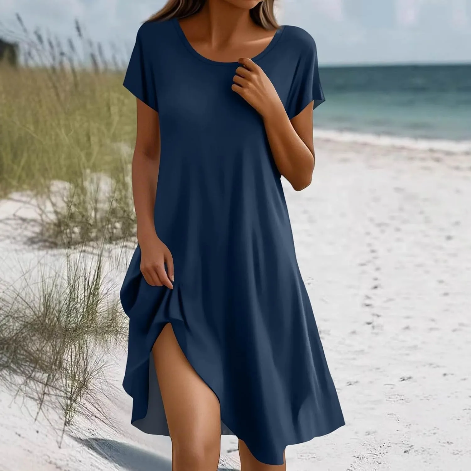 Sundresses for Women 2025 Casual Beach Vacation Summer Dresses Scoop Neck Short Sleeve Knee Length Midi Dress