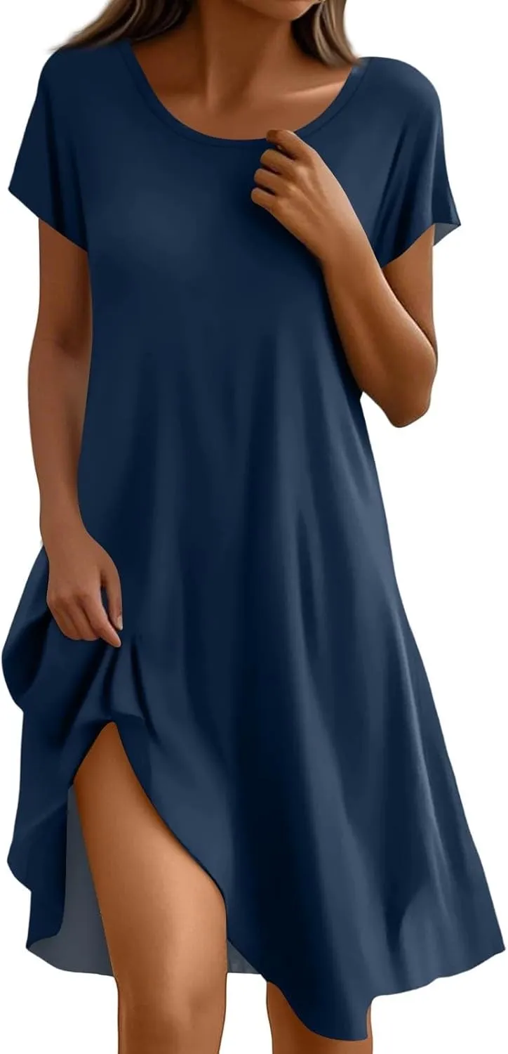 Sundresses for Women 2025 Casual Beach Vacation Summer Dresses Scoop Neck Short Sleeve Knee Length Midi Dress