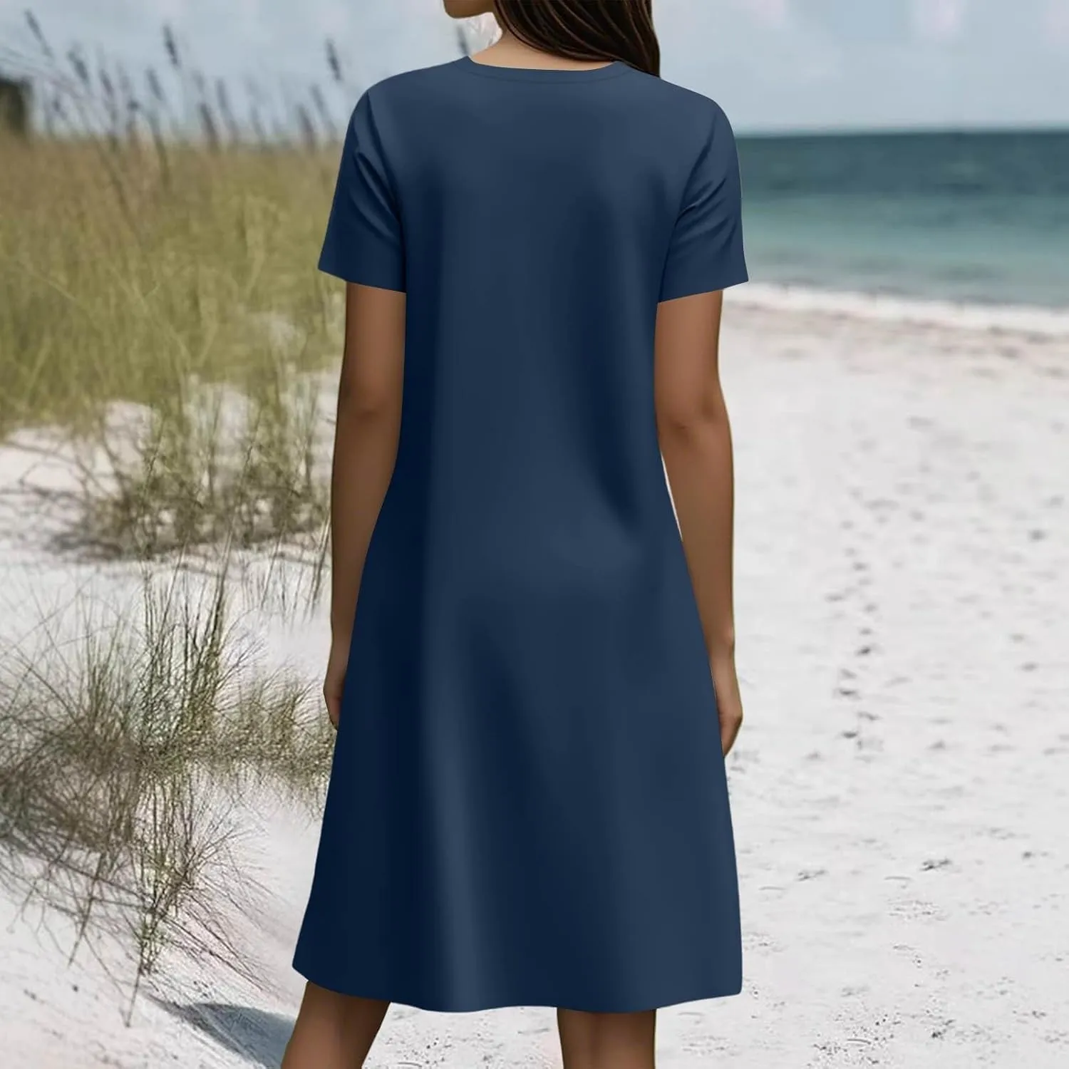 Sundresses for Women 2025 Casual Beach Vacation Summer Dresses Scoop Neck Short Sleeve Knee Length Midi Dress
