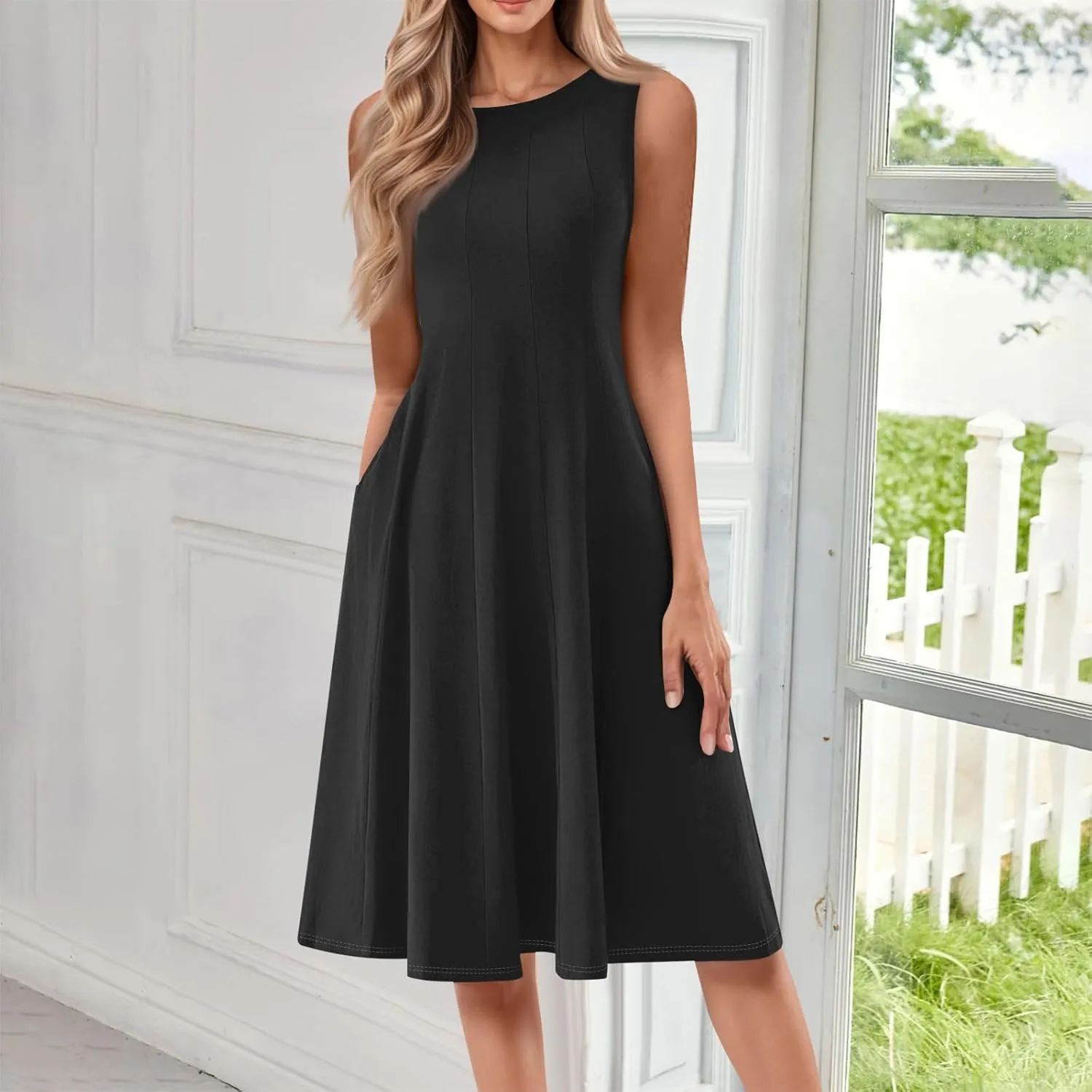 Sundresses for Women Cotton Boat Neck Sleeveless Pleated Midi Dress Modest Cute Summer Dresses Fit and Flare Dress
